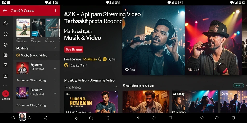 Tampilan antarmuka aplikasi 8ZK menampilkan berbagai video musik dan fitur streaming.