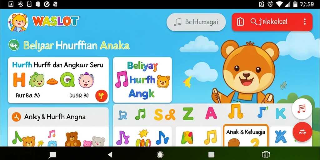 Tampilan antarmuka WASLOT yang ramah anak untuk belajar huruf dan angka.
